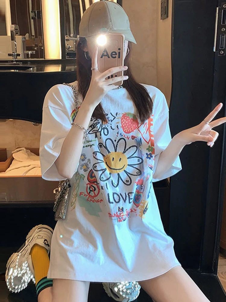 

Jyate летние корейские свободные футболки Топы женские модные милые Мультяшные граффити с коротким рукавом длинная футболка хлопковая повсе...