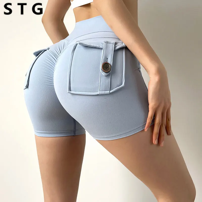

Yoga Pants Nude Color Three-point Pants Sexy Short Women's Gym Training With Pockets High Waist Breathable Fitness Yoga Shorts