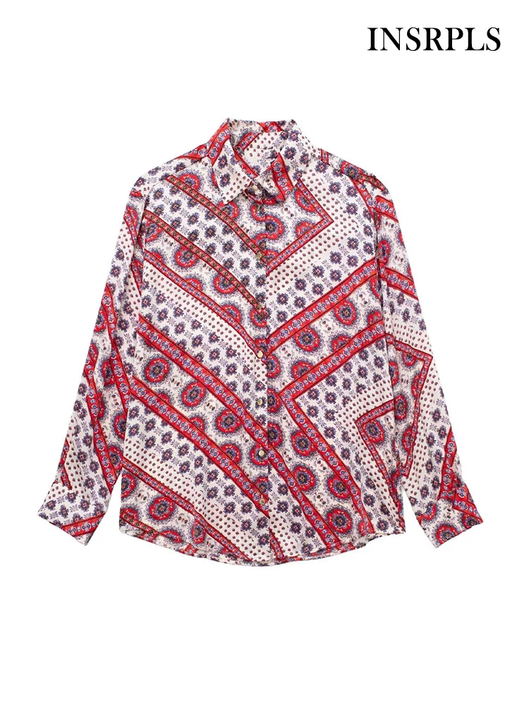 

INSRPLS Women Fashion Patchwork Printed Loose Flowy Shirts Vintage Long Sleeve Front Gold Buttons Female Blouses Chic Tops