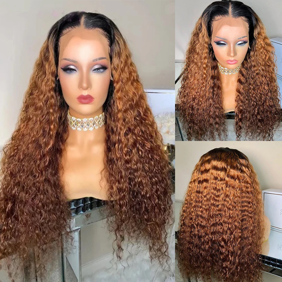 

Soft 26"Long Kinky Cruly 180Density Ombre Honey Blonde Brown Lace Front Wig for Black Women BabyHair Glueless Preplucked Daily