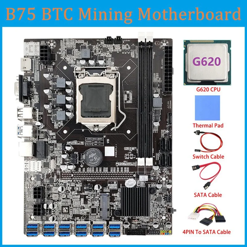 

Материнская плата B75 ETH для майнинга 12 PCIE к USB с процессором G620 + кабелем SATA + 4-контактным кабелем SATA LGA1155 MSATA DDR3 B75 USB BTC