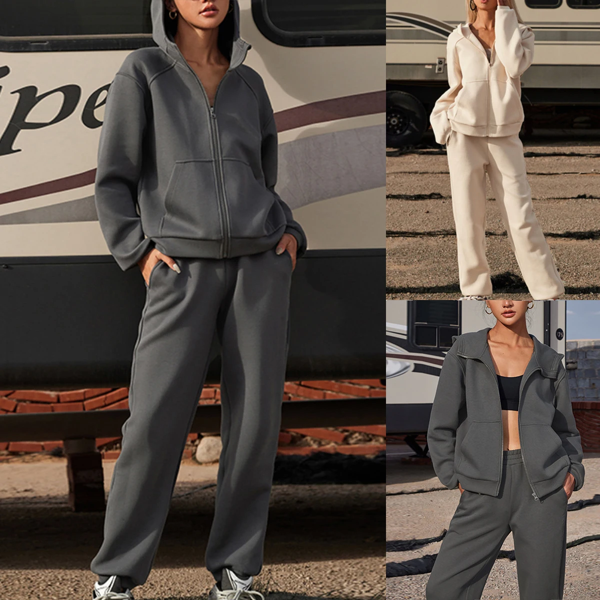 

Свободный Повседневный Комплект из двух предметов, толстовка с капюшоном, топ на молнии с длинным рукавом и брюки с эластичным поясом, Однотонный женский костюм с карманами
