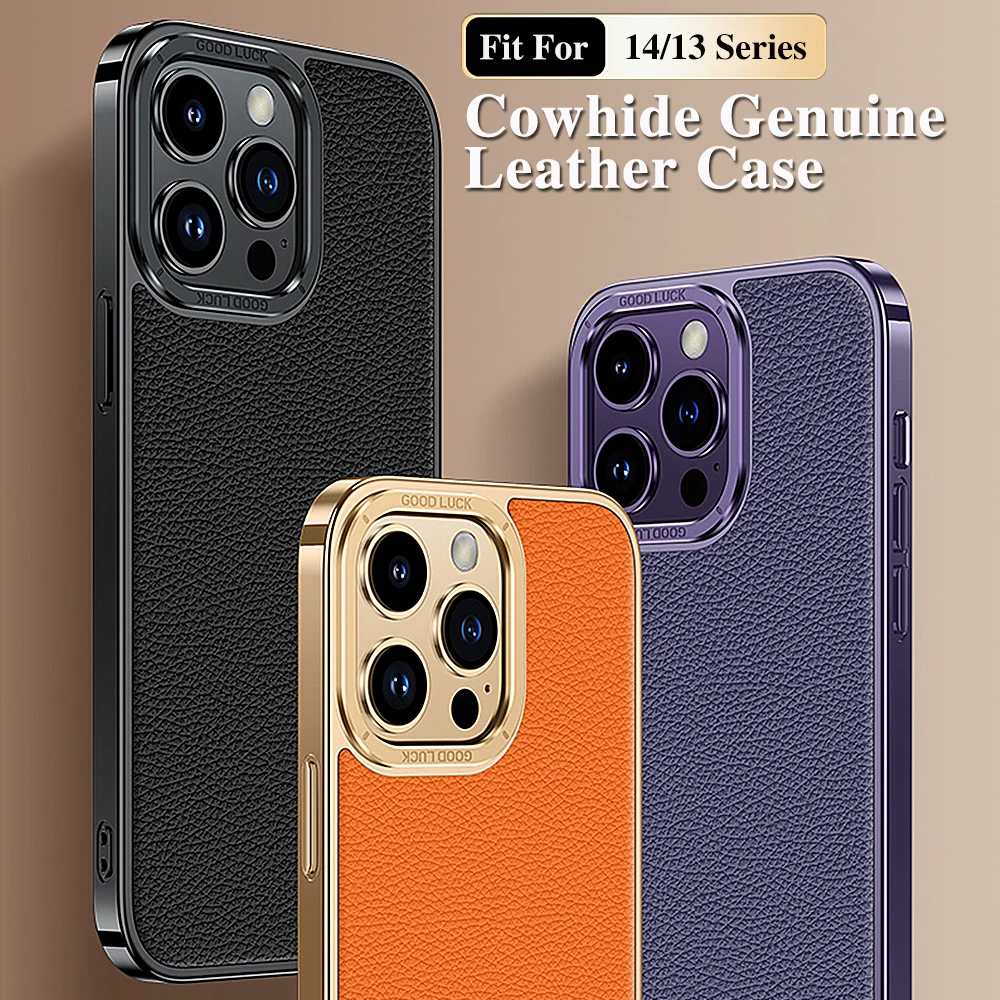 

Original Leather Case For iPhone 13 Pro Max 13Pro Plating Genuine cowhide Lichee Pattern Shockproof Back Hard Phone Cover