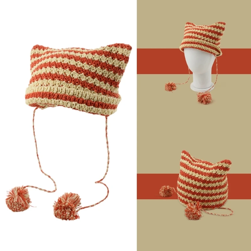 

Adult Teens Cat Ear Shape Hat with Dangle Pompoms Soft Winter Warmer Cycling Hat DXAA