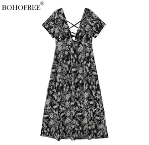 Boho Floral Embroidery Dress V Neck Short Sleeve Black Dress Casual Summer Embroidered Vestidos Bohemian Style Maxi Hippie Dress