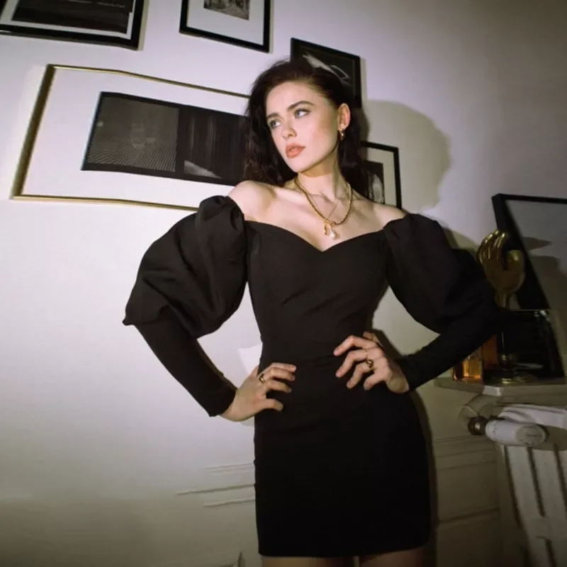 

Churses Sexy Puff Sleeve Off The Shoulder Bodycon Dress Autumn High Waist Elegant Party Night Club Mini Dresses For Women 2021