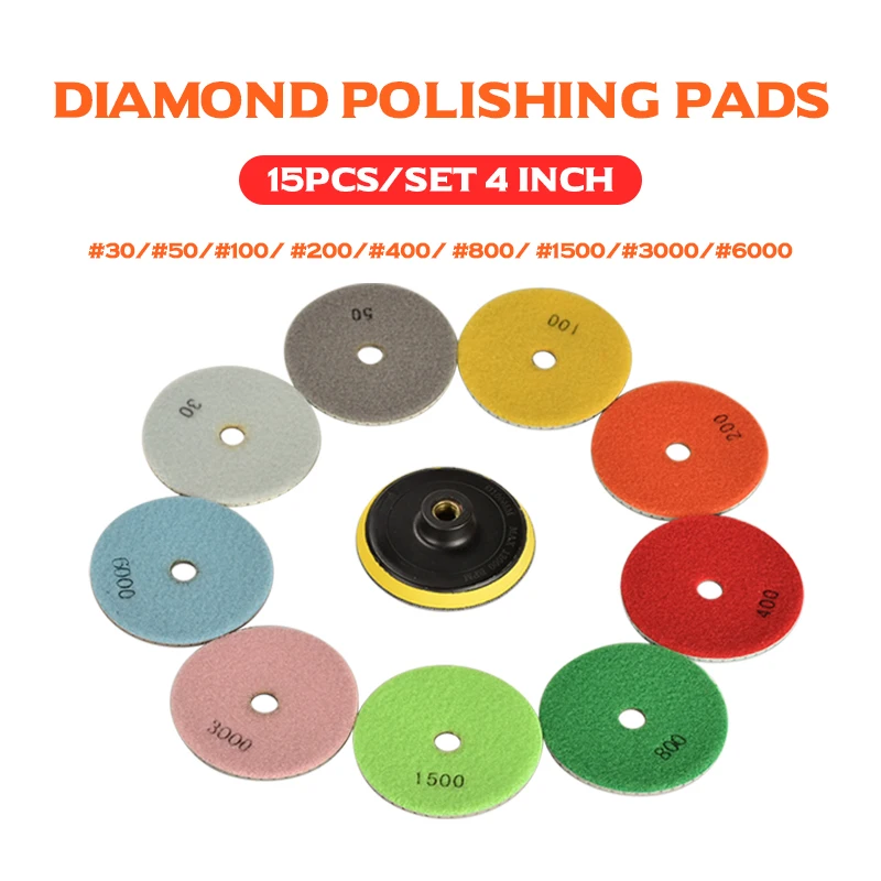

15Pcs 30-6000 Grit Diamond Polishing Pads 4 inch 100mm Polishing Backer Granite Marble Concrete Stone Grinding Discs Tools