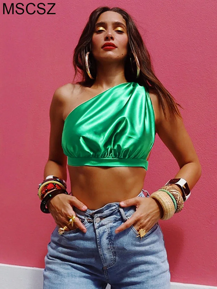 

One Shoulder Satin Crop Top Women Summer Pleated Tank Top Sexy Y2K Tops Female Sleeveless Camisole Casual Streetwear