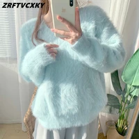 korean fashion casual thickened mink sweater pullovers womens lazy loose mohair v neck pull femme autumn winter knitting top