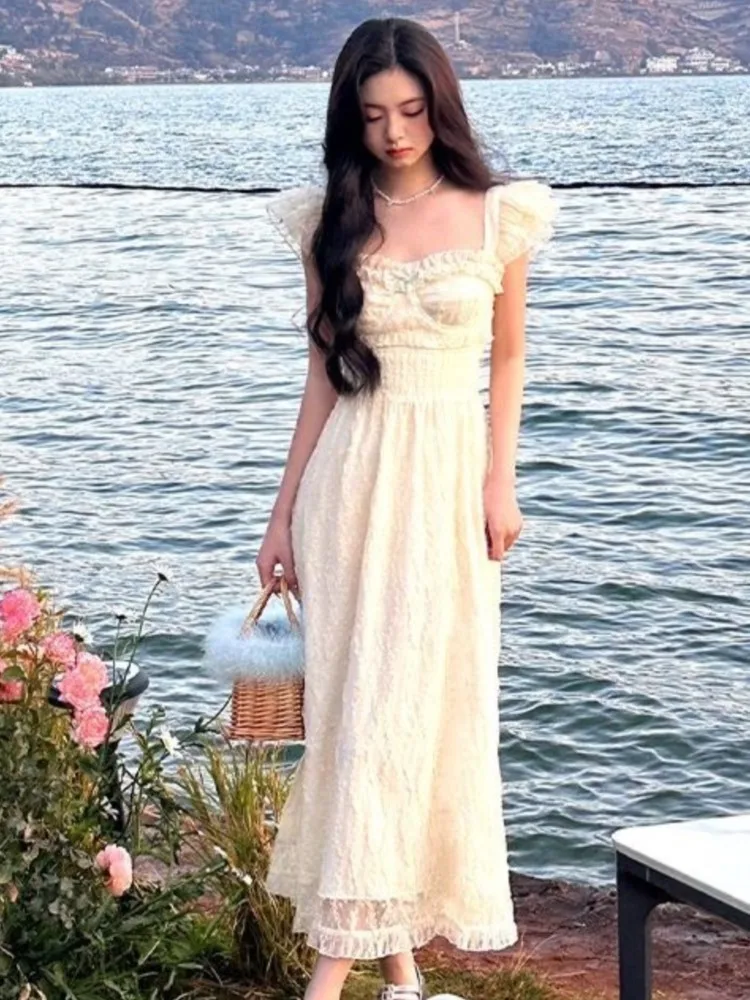 

Elegant Flying Sleeve Women Midi Dress 2023 New Summer Vintage Lace Vestidos Slim Robe Fairy Sweet Party Female Clothing Chic