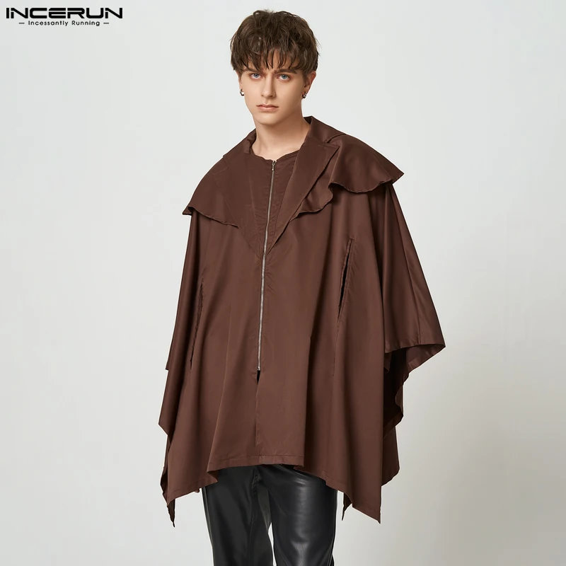 

INCERUN Handsome Men Well Fitting Bat Cloak Fashion Casual Streetwear Trench Male Loose Comeforable Solid Zipper Cape Coat S-5XL