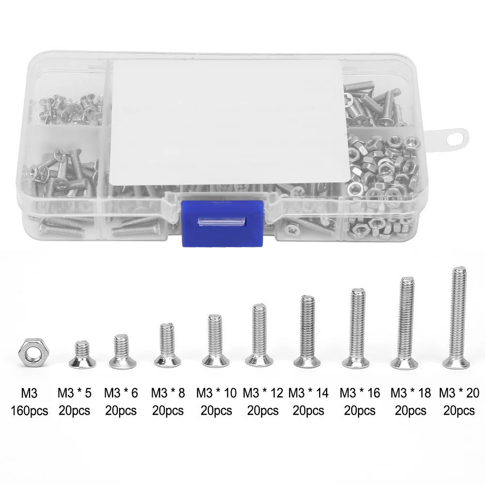 

340pcs M3 Stainless Steel Cross Flat Head Screw Countersunk Screws Assortment Kit Flat Head Hex Socket Bolts Screw