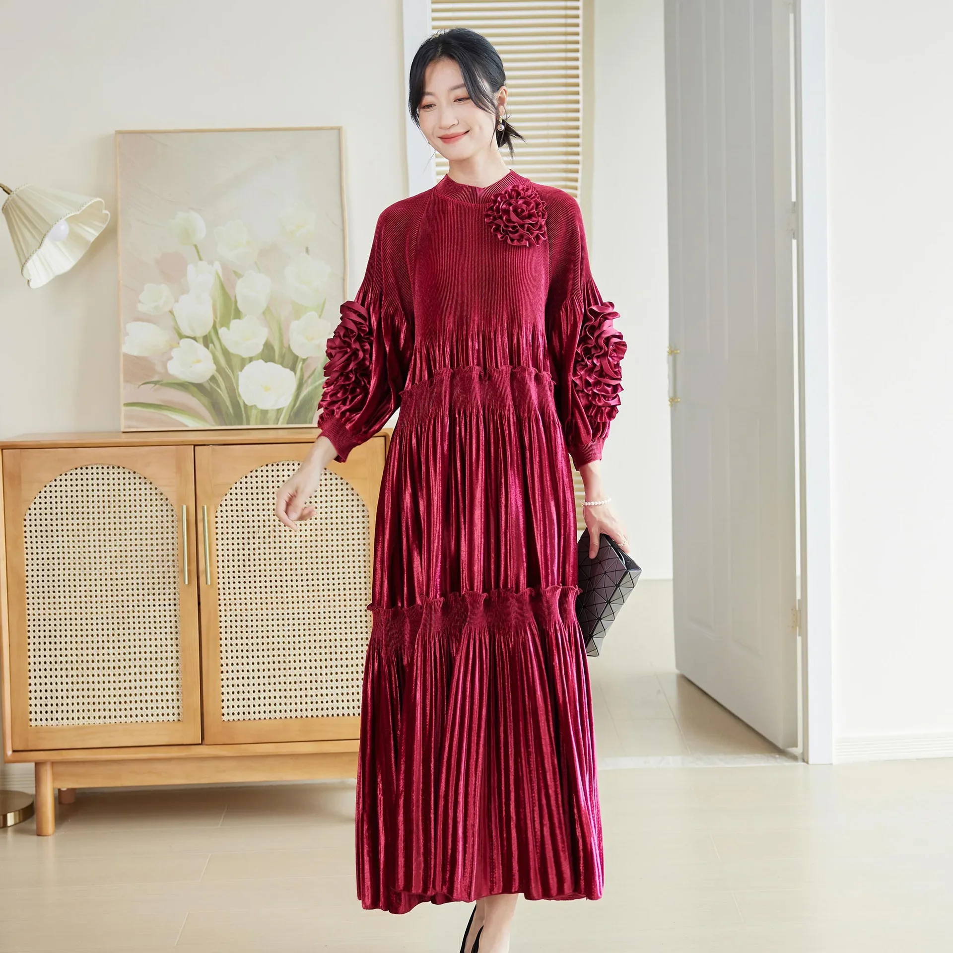 Miyake плиссированное золотое бархатное платье женское новинка осени 2024 3D юбка