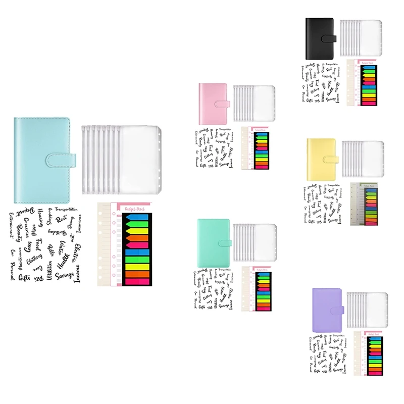 

A6 PU Notebook 6 Rings Binder Budget Planner Organizer With Refill Papers,Expense Budget Sheets,Sticker Labels,Pocket