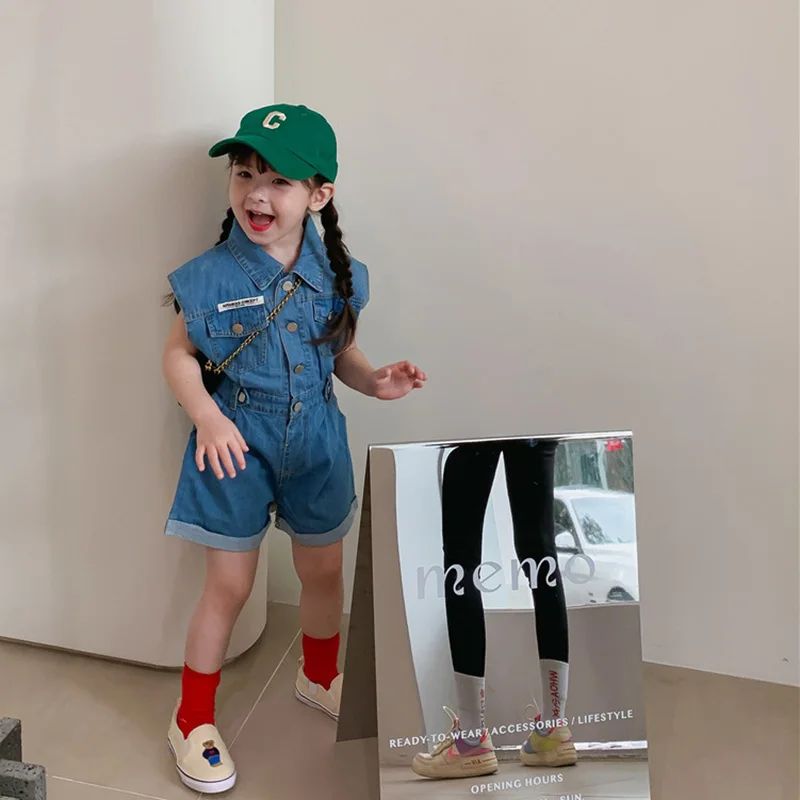

MILA CHOU 2022 Summer Baby Girls Fashion Denim Jumpsuit Children Casual Sleeveless Rompers Jeans Kids Clothes