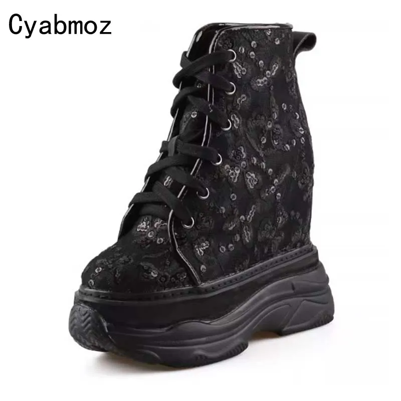 

Женские туфли на танкетке, увеличивающие рост, 14 см, толстая подошва, свадебные туфли, блестки, Яркие кроссовки, повседневная обувь