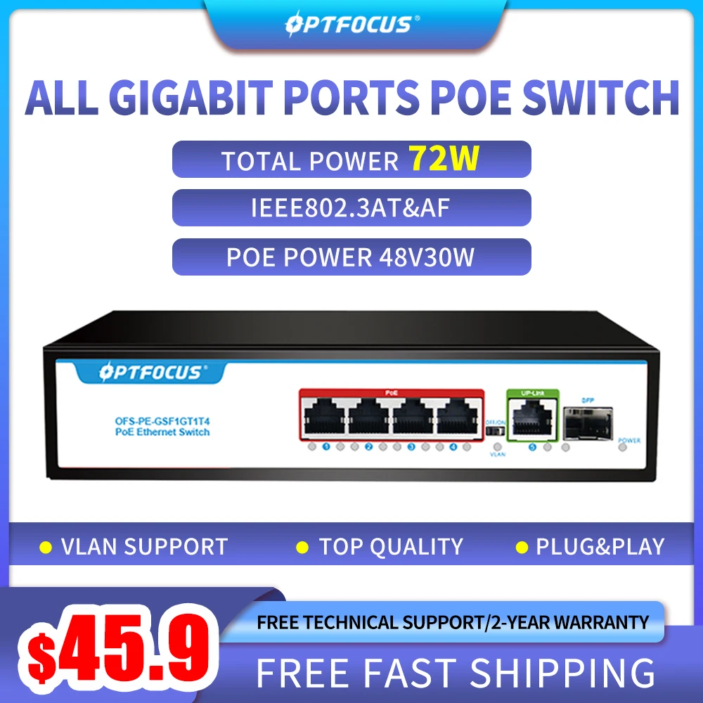 OPTFOCUS 72W 4 10/100/1000M POE 1SFP 1UPLINK Smart Secured 4 port PoE+ SFP 48v Swich Gigabit poe fibra swith poe Switch