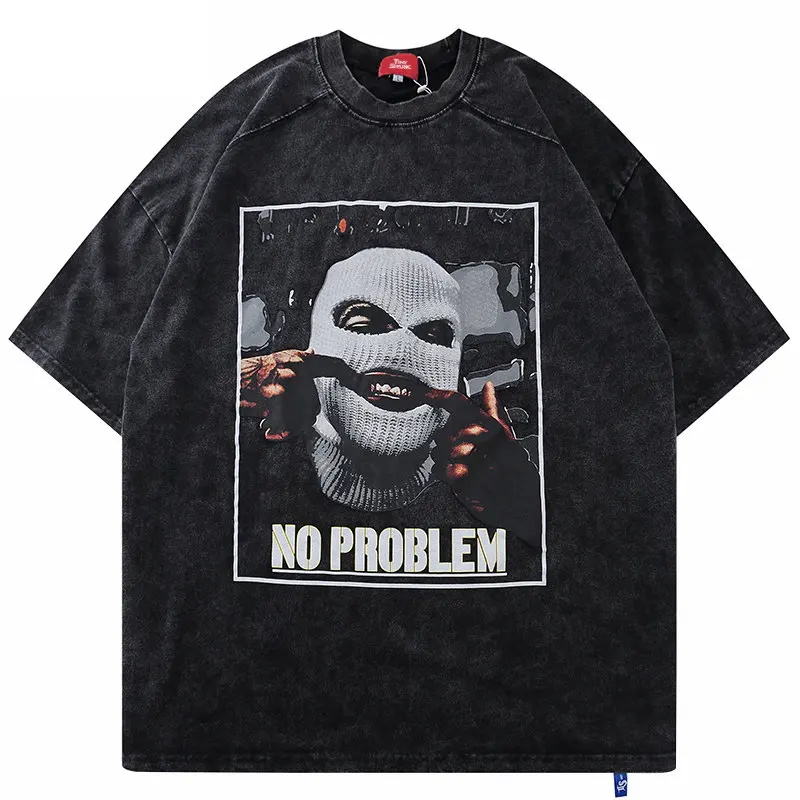 

Men Hip Hop Streetwear Oversize Washed T-Shirt Masked Man Letter Print T Shirt 2022 Summer Short Sleeve Harajuku Cotton Tshirt