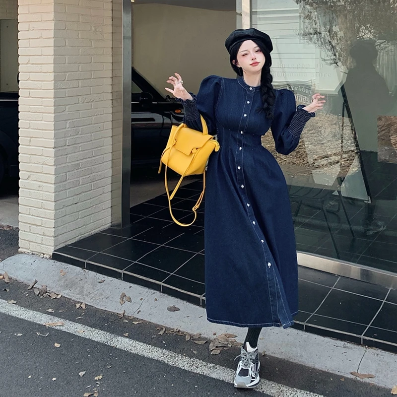 

2022 Early Autumn New Vintage Style Slim Fit Denim Long Sleeve Dress Free Shipping
