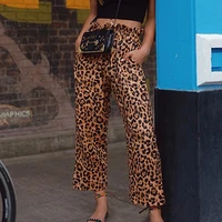 women fall summer leopard elastic high waist flare trousers frill loose long pants female new wide leg pants streetwear bottoms