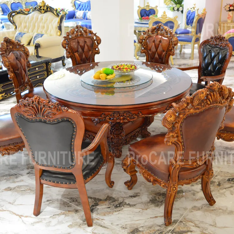 

European style dining room furniture villa solid wood luxury fish royal dining table set