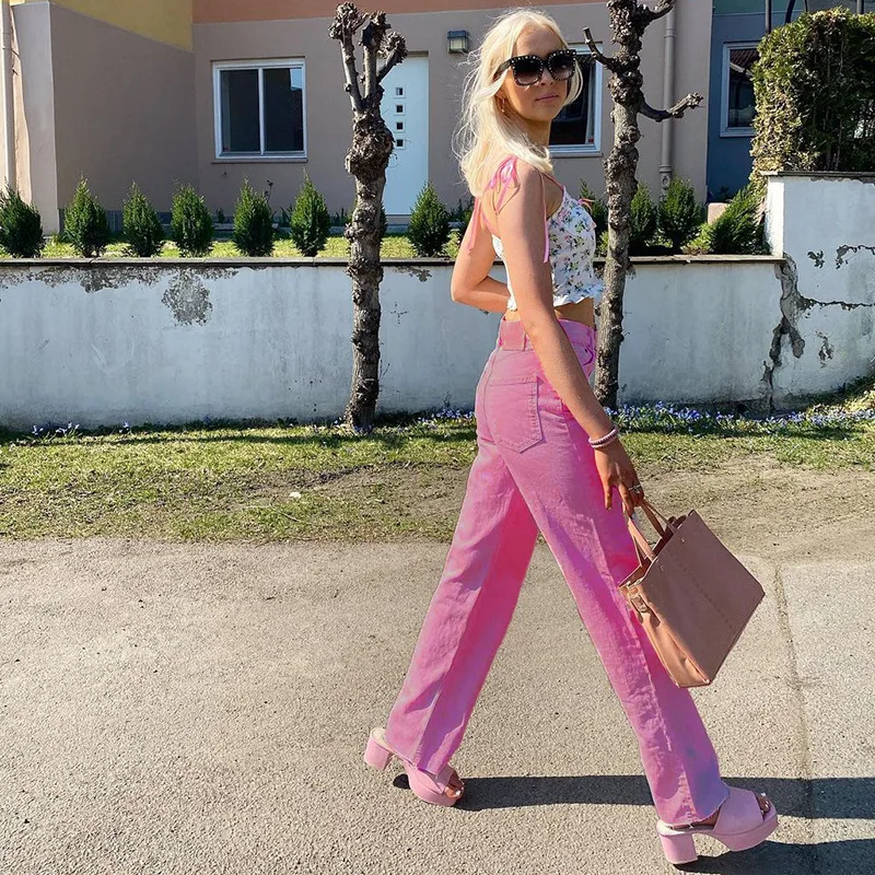 High Waist Color Jeans Y2K Suit 2022 Style Ladies Retro Drape Straight Street Wide-leg Patchwork Summer Yellow Jeans for Women