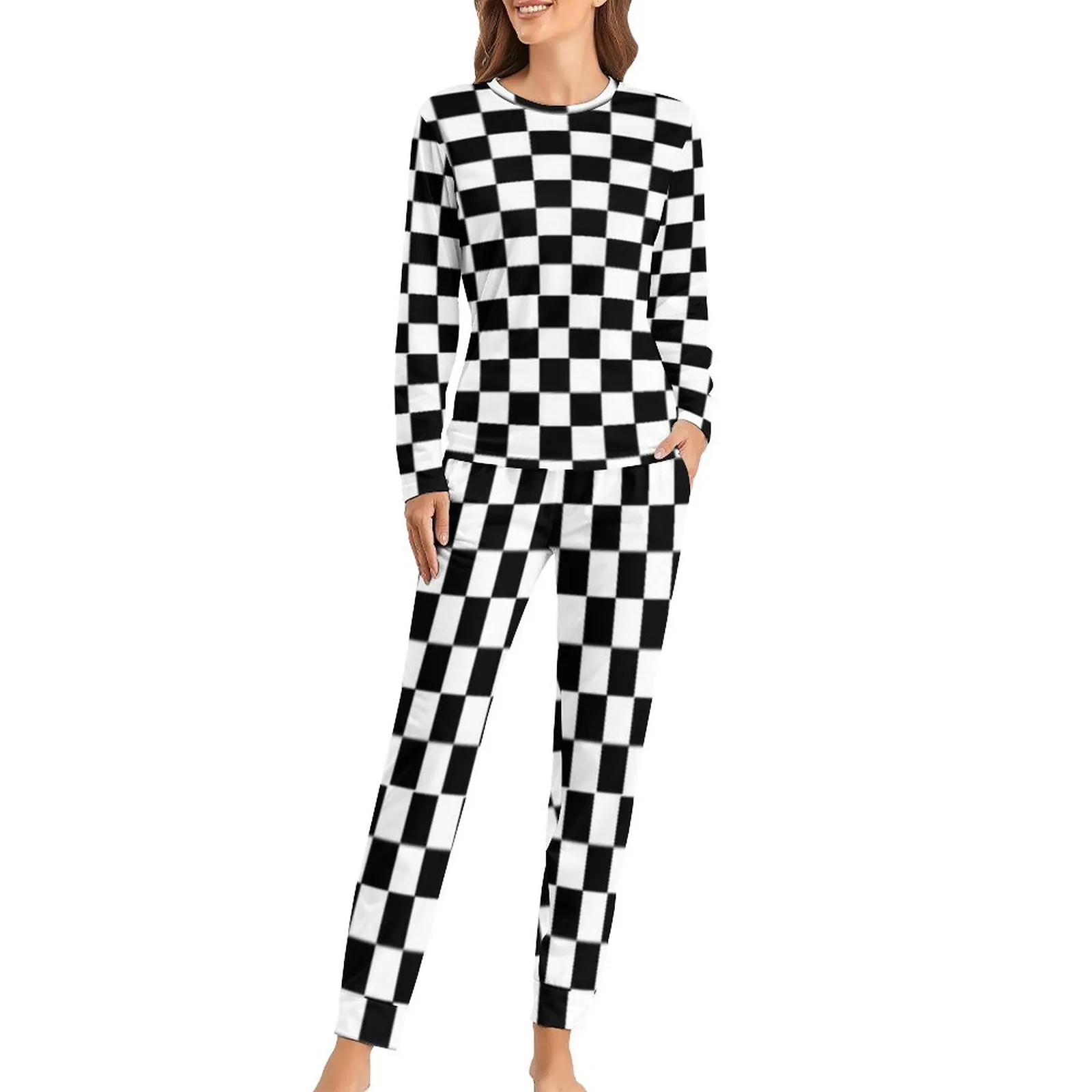 

Black And White Plaid Pajamas Women Checkerboard Print Trendy Sleepwear Long Sleeve 2 Pieces Casual Oversized Pajama Sets Gift