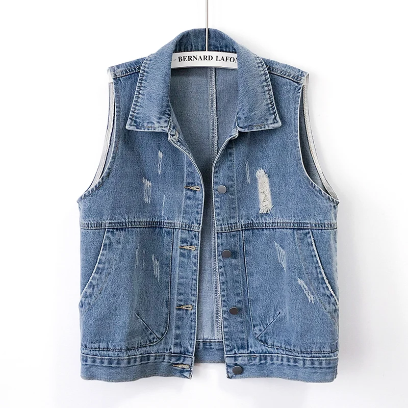 

Vintage Blue Holes Big Pocket Denim Vest Women Waistcoat Loose Short Frayed Cowboy Sleeveless Jacket Casual Jeans Vests Female