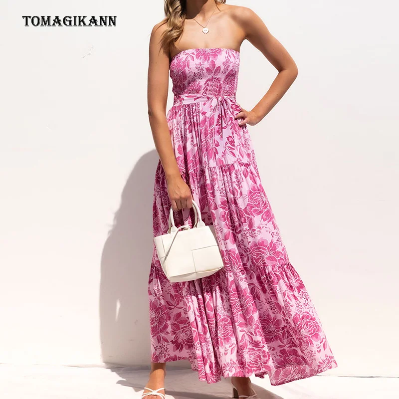 

Women Off Shoulder Strapless Long Dresses Sexy Beach Vacation Party Floral Print Sashes Dresses Chest Wrapping