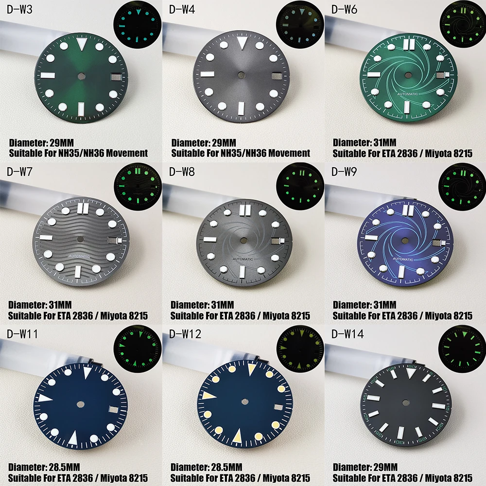 

Watch Parts 28.5MM 29MM 31MM Sterile Dial Green/Blue Luminous Watch Fase Suitable For NH35 NH36 Miyota 8215 Watch Movement