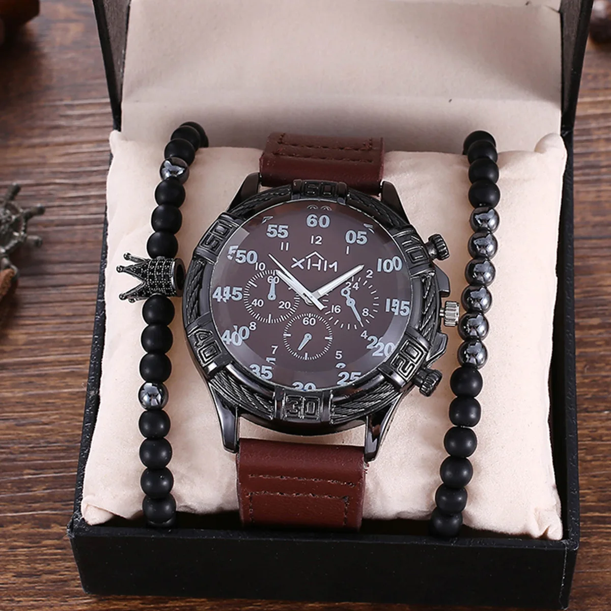 3pcs/set Fashion Casual Business Match Large Dial Belt Quartz Watch Plus Bracelet Set Holiday Birthday Business Gift for Men