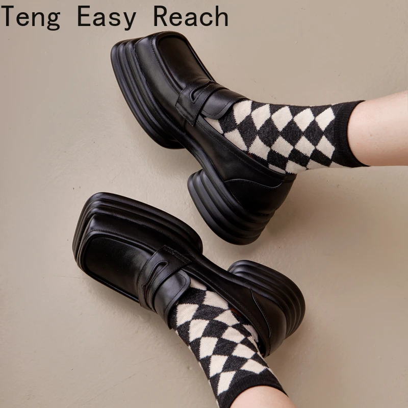 

Loafers Shoes Women Genuine Leather High Heel Shoes Square Toe Causal Pumps Thick Heels Footwear Female 2022 Spring black white