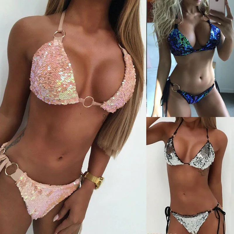 

Sequins Bikini Set Two-pieces Halter Lace-up Bandage Women Swimsuit Push-up Padded Bra Swimwear Monokini Bathing