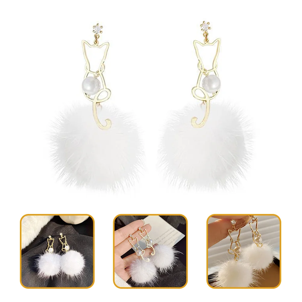 

Earrings Women Pom Jewelry Stud Earring Pearl Pendant Dangle Cat Statement Girls Trendy Fur Accessories Silver Metal Winter Faux