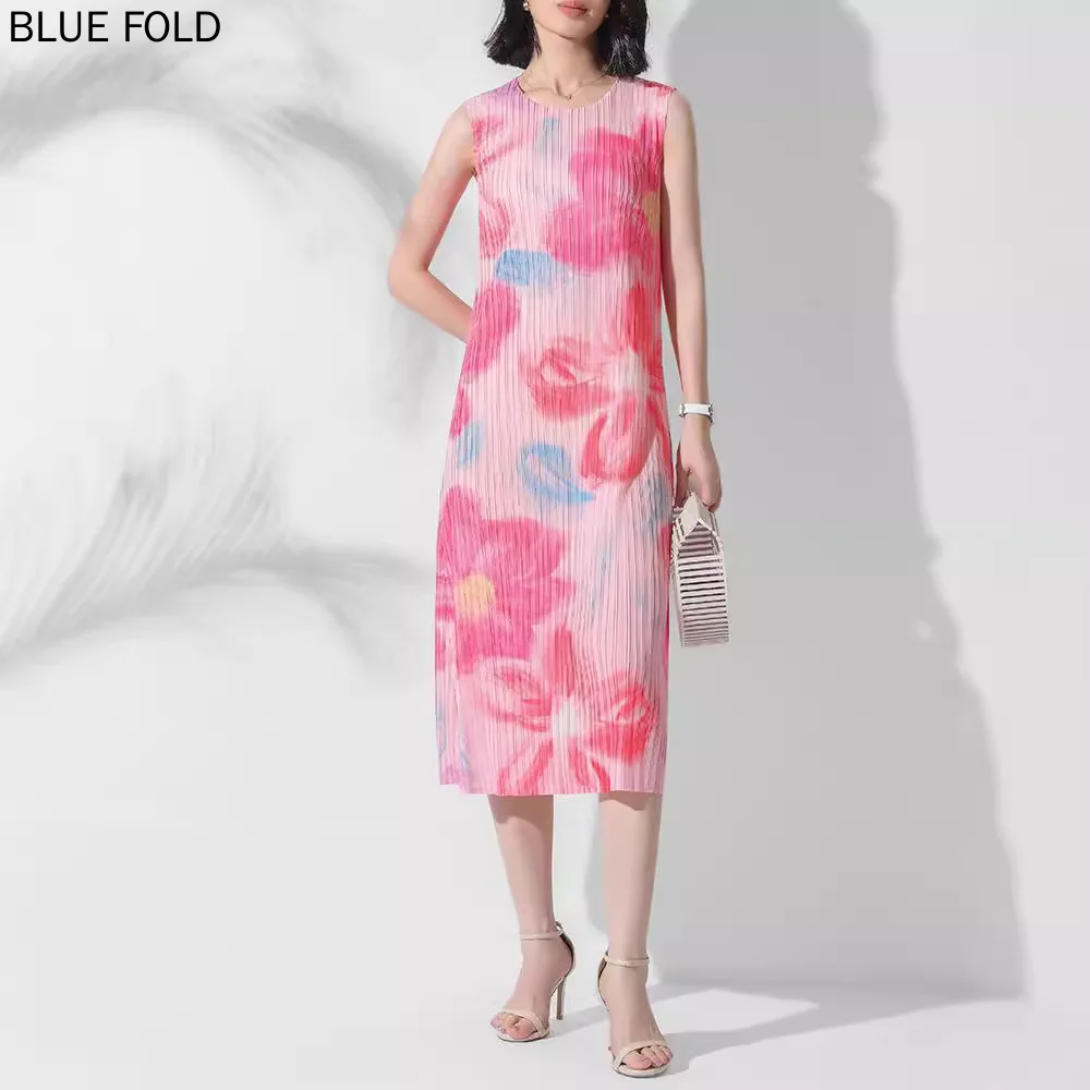 MIYAKE-Женское Плиссированное Платье с принтом модное тонкое без рукавов круглым