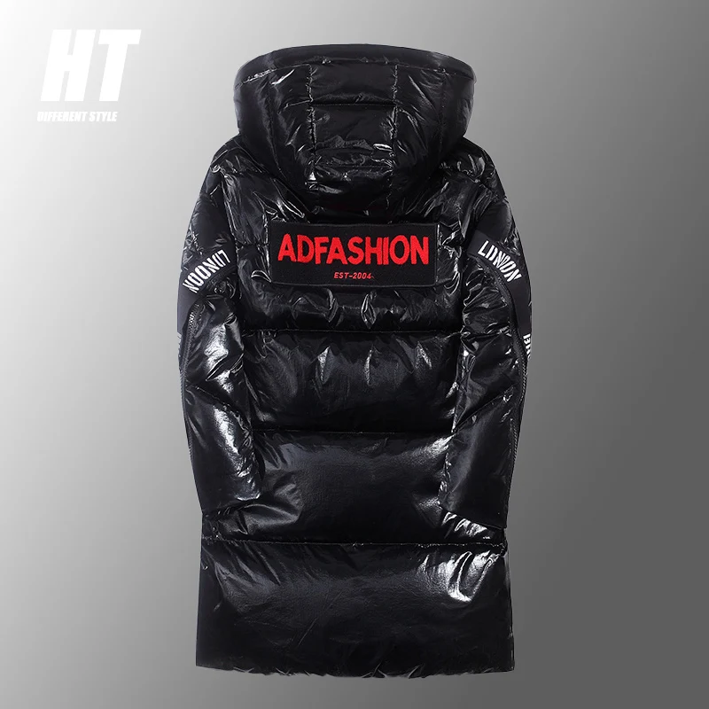 New Men's Glossy Down Jacket Fashion Hooded Mid-length Puffer Coat Thick Warm White Duck Down Detachable Hat  Windproof  Jacket