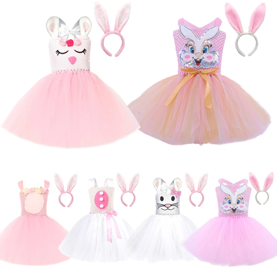 Baby Girls Easter Pink Bunny Tutu Dress For Kids White Rabbit Cosplay Costumes Toddler Girl Birthday Party Tulle Outfit Clothes