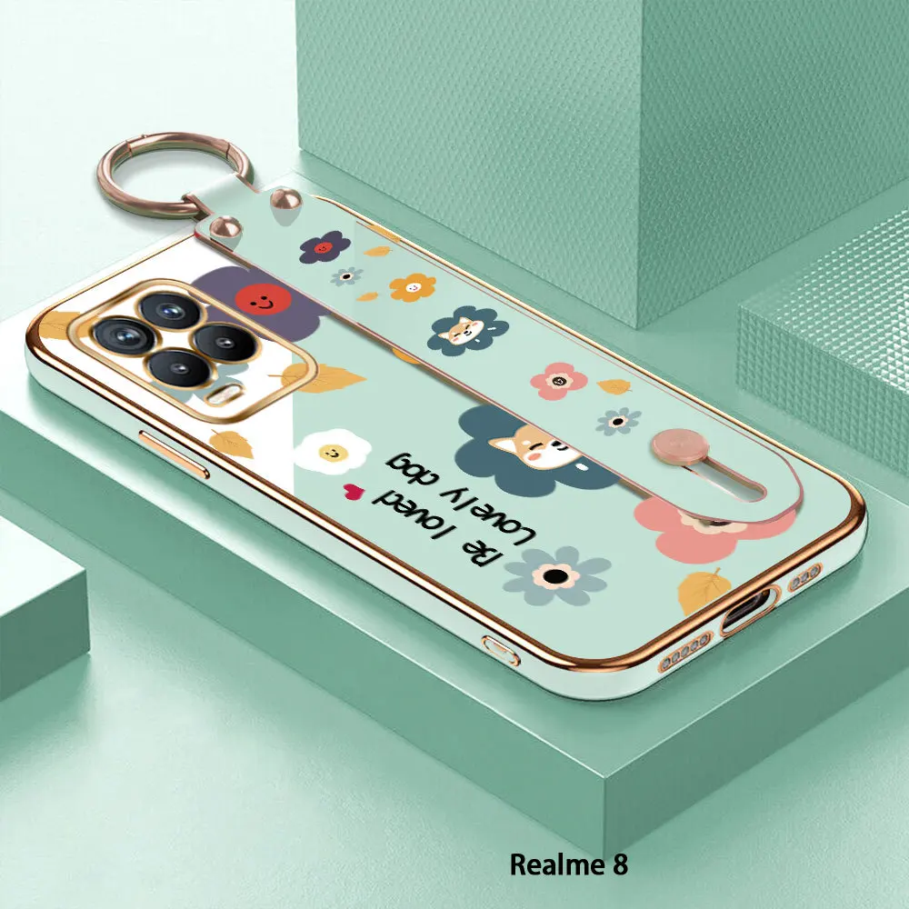 

(With Wristband) For Realme 8 Pro 8i Flower Back Cover Case Luxury Plating TPU Phone Cases For Realme 8 5G