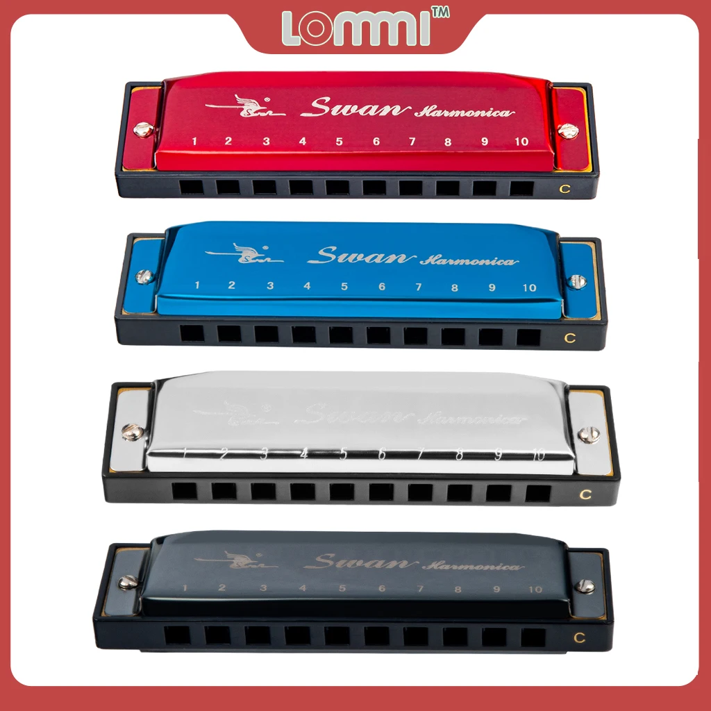 

LOMMI Swan Diatonic Harmonica 10 Holes Blues Harp Mouth Organ Key of G Reed Instrument W/Case Black Silver Blue Red Harmonica