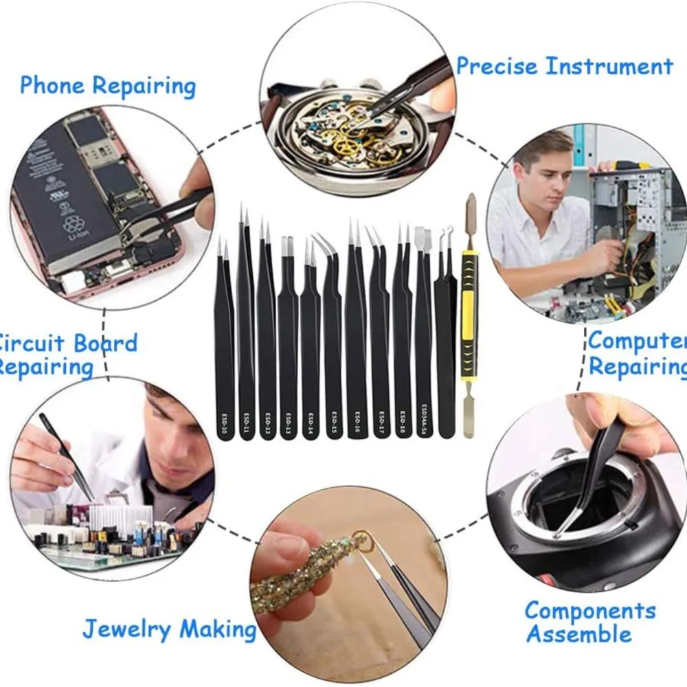 12 шт. антистатические пинцеты из нержавеющей стали