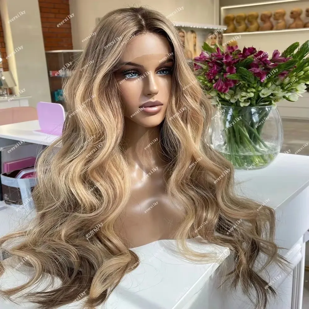 Фото Парик из натуральных волос с прозрачной HD-основой 360 Full Lace, оттенок Ash Blonde, с эффектом омбре Balayage Strawberry Brown, волнистый, с кружевной застежкой 5x5 №3