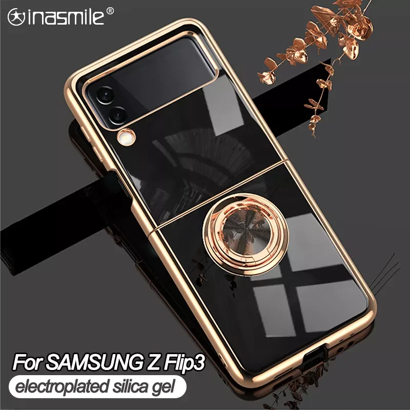 

For Samsung Z Flip 3 Case Plating Magnetic Metal Ring Holder Phone Case For Galaxy Z Flip3 Shockproof Silicone Stand Back Cover