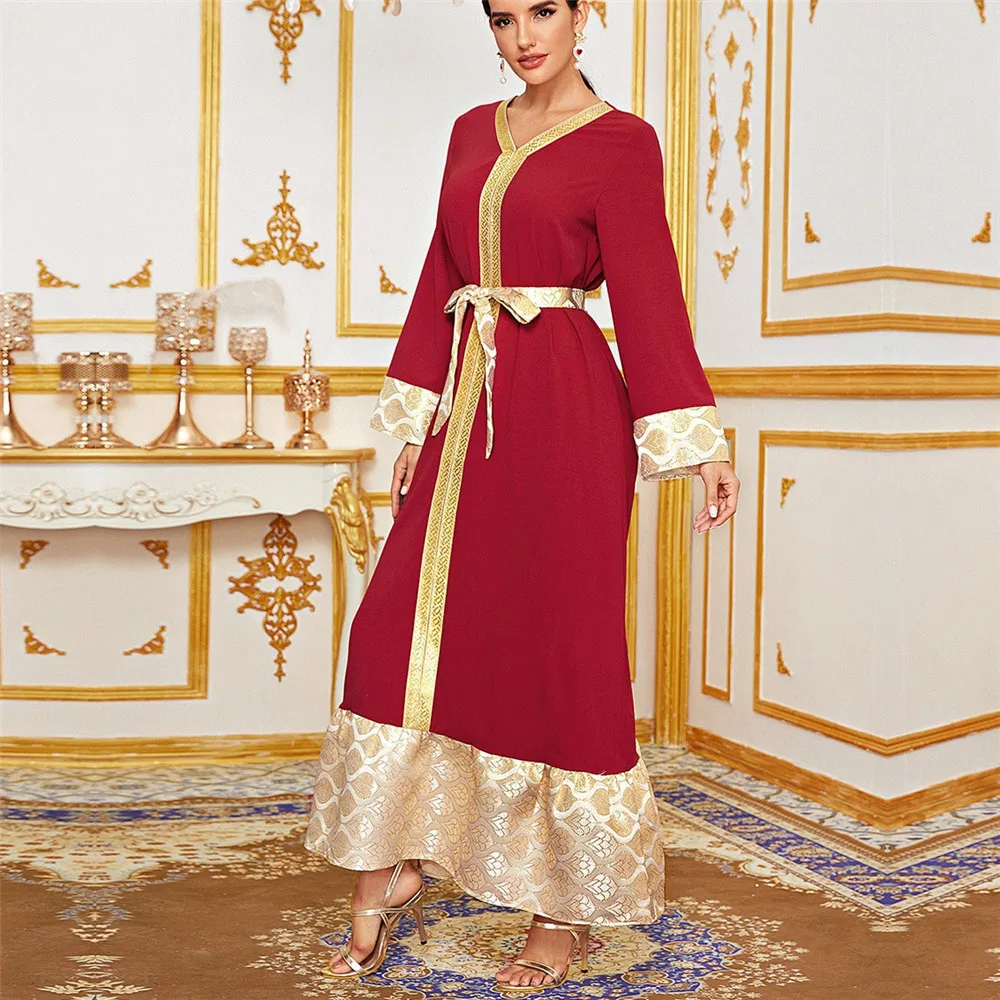 

Элегантное мусульманское женское платье средней части Востока пуловер в арабском стиле с цветочным принтом пэчворк с длинным рукавом с обо...