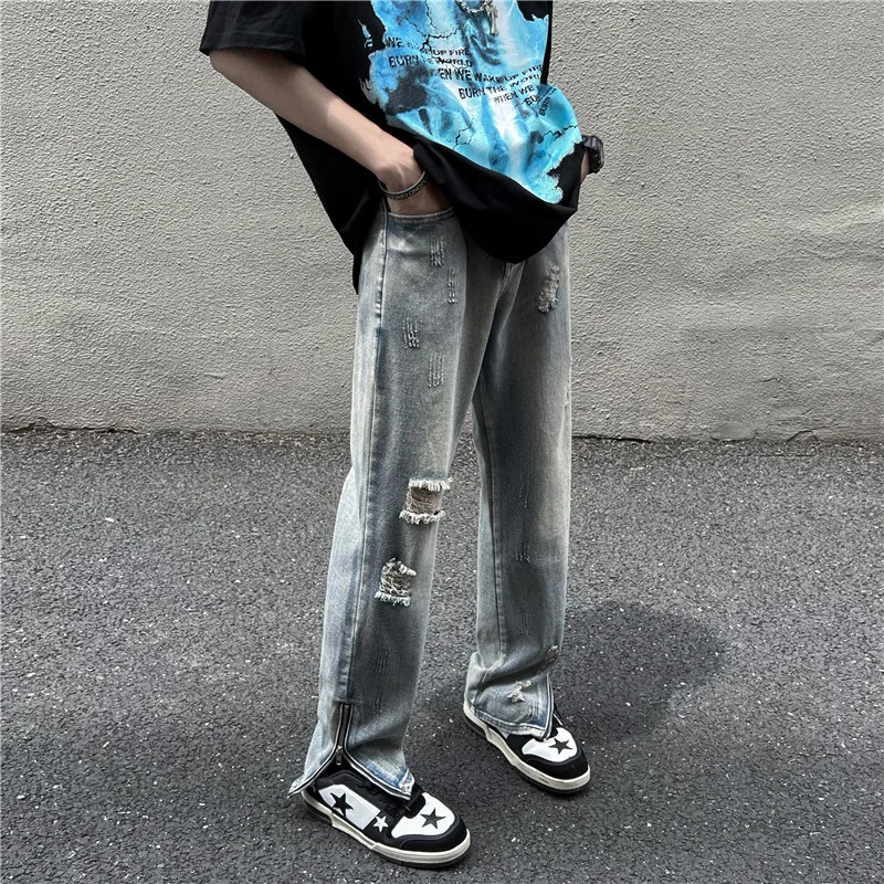 jeans for men Four Seasons Korean Fashion Half Zipper Split Trousers Hip Hop Straight Wide Leg Casual Pants  Blue Baggy Jeans