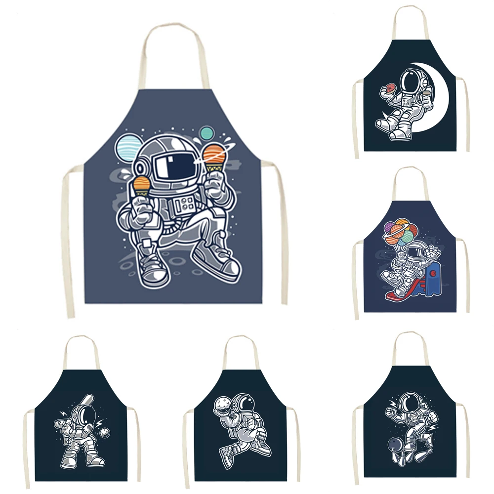 

Space Astronaut Print Kitchen Apron 68x55cm Sleeveless Linen Easy Clean Waist Bib Men Ladies Aprons Home Cooking Tools Delantal