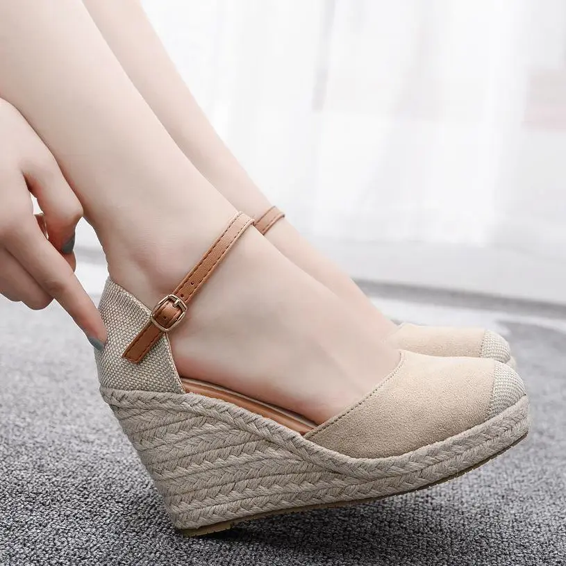 

Summer Women Sandals Buckle Strap Mixed Colors Basic Flock 9CM Wedges Mary Jane's muffin and Modern Women Shoes Apricot color