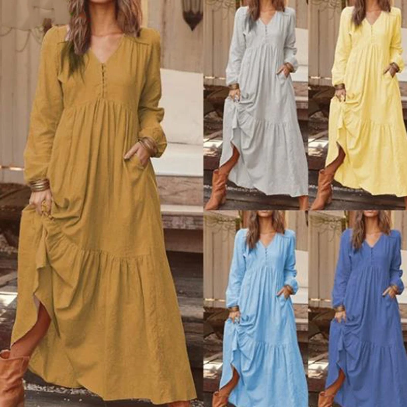 

Autumn Women Dress Fashion Vintage Buttons Party Dress Casual Solid Long Sleeve V-neck A-Line Women Sexy Dresses