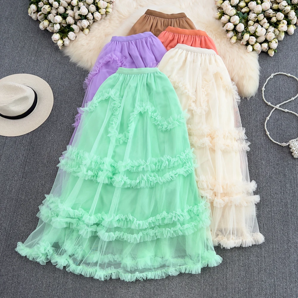 

VANOVICH Elastic Waist Mesh A-line Skirt 2022 Summer Korean Style Sweet Fashion Slim Edible Tree Fungus Patchwork Solid Skirt