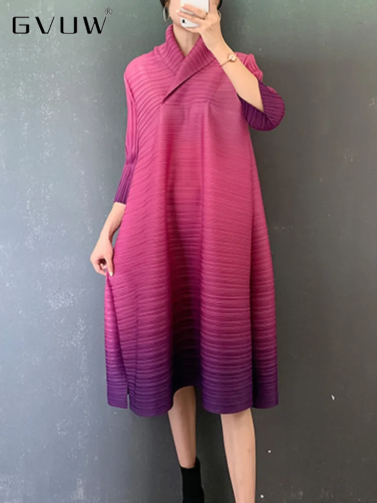 

GVUW Gradient Color Pleated Dress For Women Lapel Loose Three Quarter Sleeve 2023 Autumn New Female Fashion Fold Clothes 17G1935