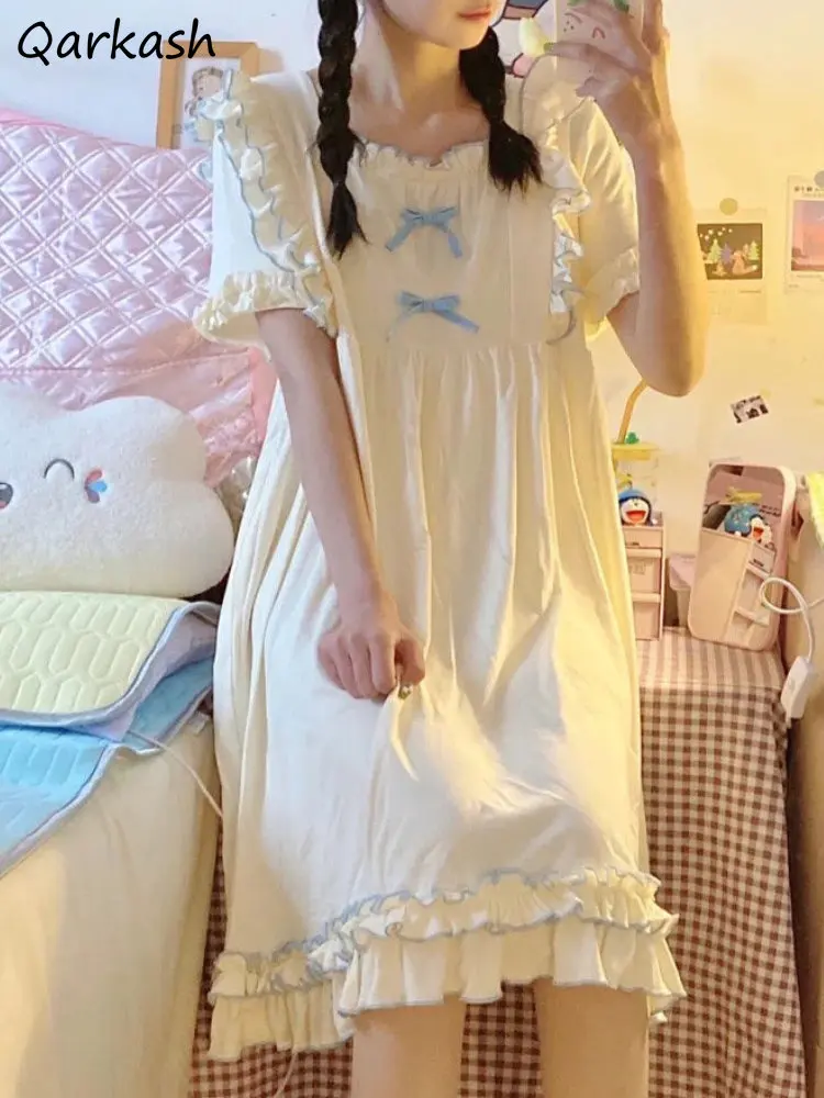 

Knee-length Nightgowns Women Baggy Sweet Ruffles Summer Sleepwear Japanese Style Young Home Fashion All-match Daily Casual New